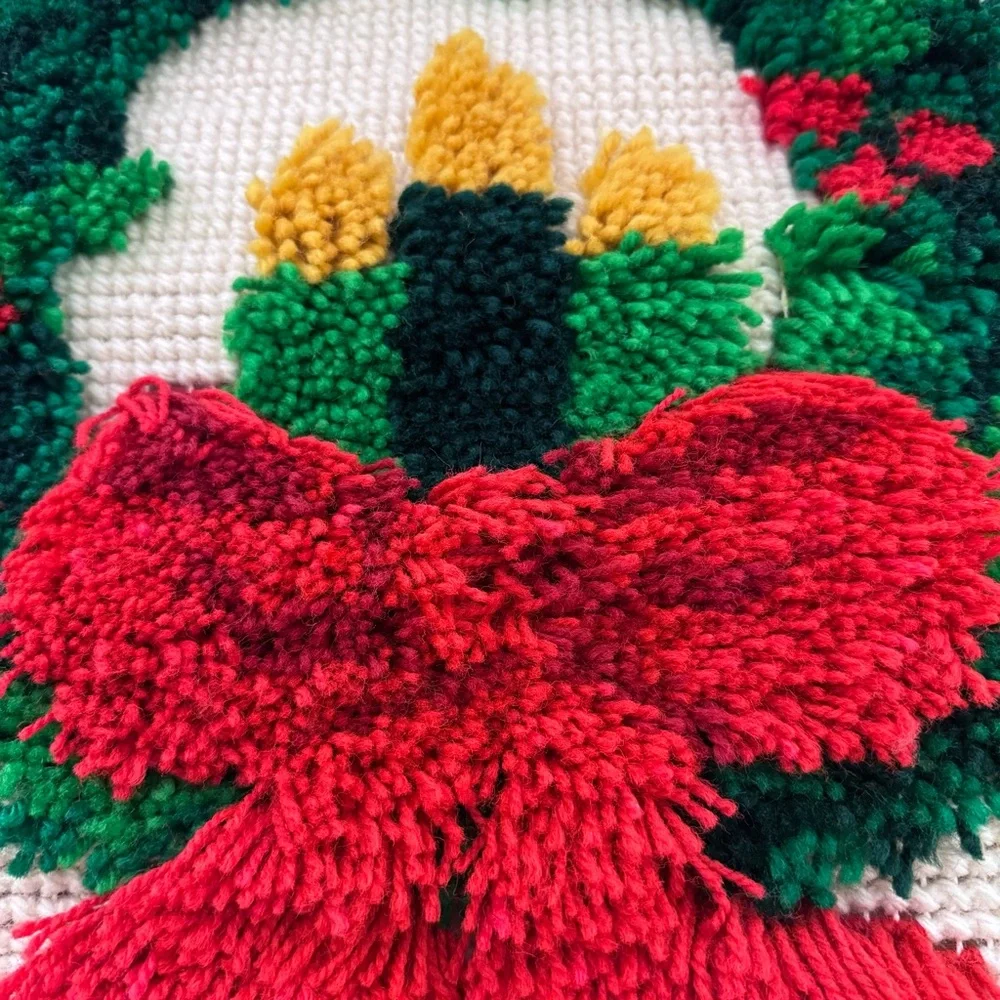 Vintage Wreath/Candle Hand Hooked Christmas Handmade Latch Hook Wall Hanging